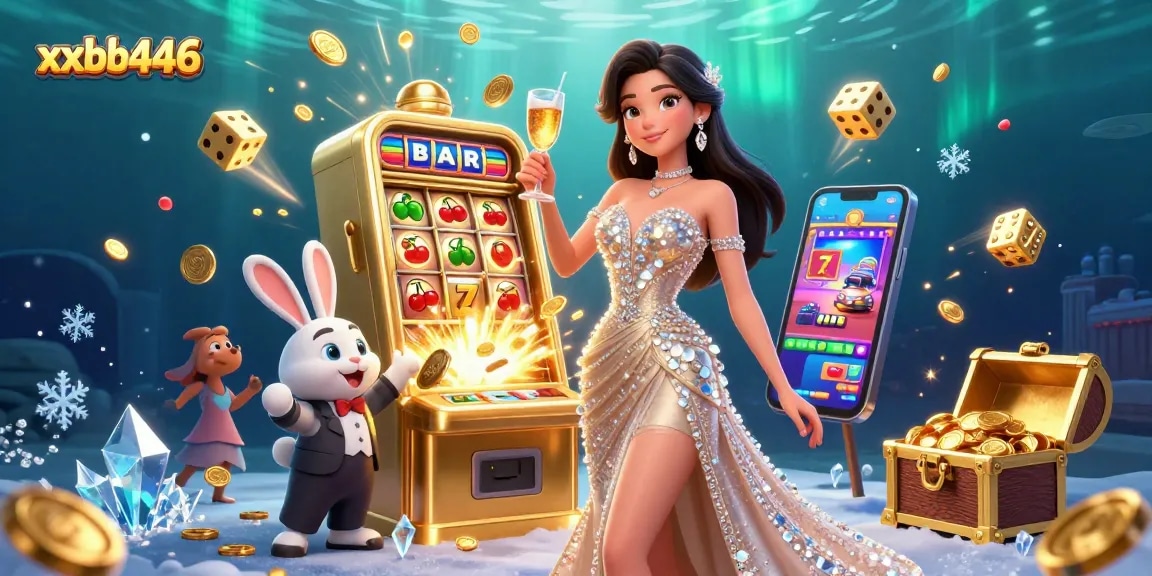 Experience the excitement of xxbb446 with a stunning slot machine and vibrant casino scene.