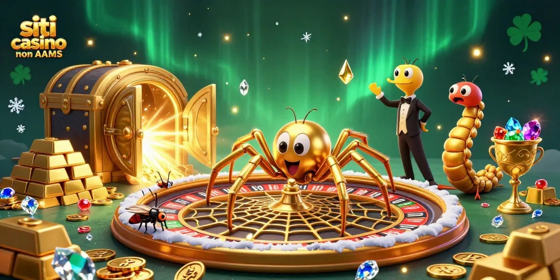 Siti casino non AAMS: illustrazione 3D dinamica con ragno d'oro e croupier formica su roulette.