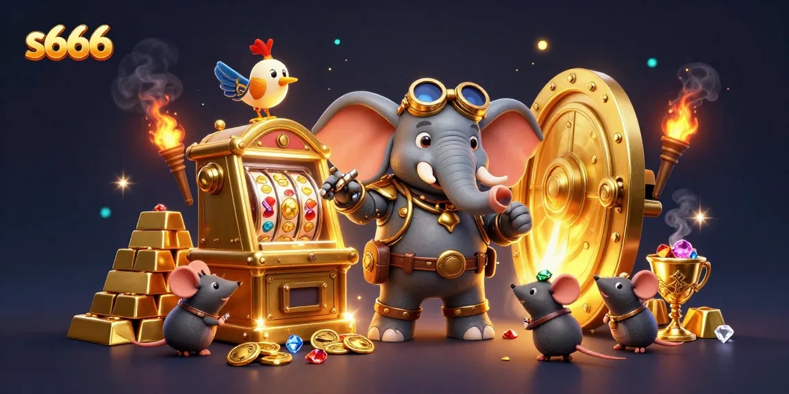 Spin the s666 slot machine in a vibrant casino decorated with gold treasures and dynamic characters.