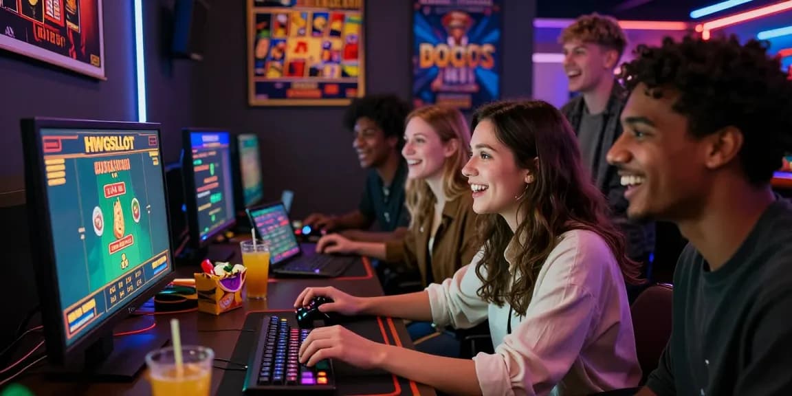 Group of friends enjoying HWGSLOT online gaming together with vibrant atmosphere