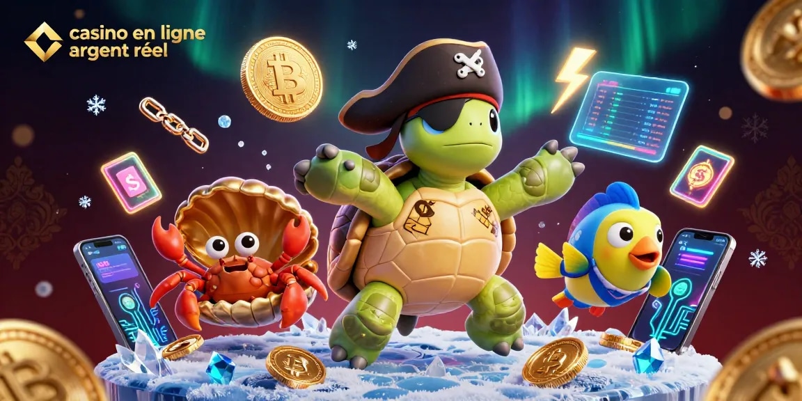 Jouez au casino en ligne argent réel avec une tortue pirate, un crabe et un poisson coloré entourés de trésors.