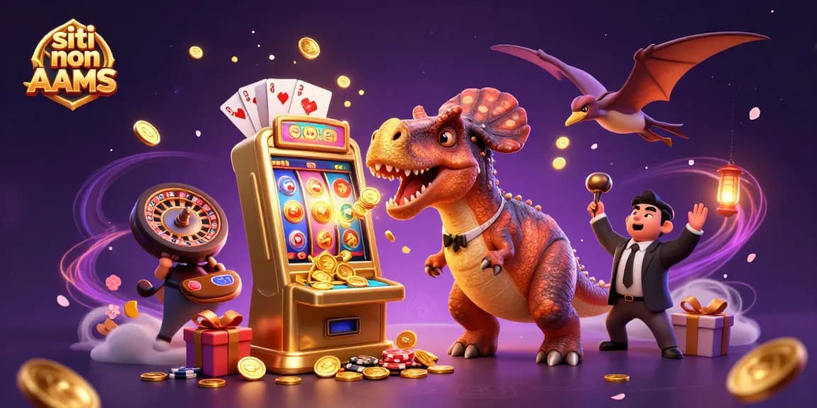 Gioca nei siti non AAMS mentre il pachicefalosauro colpisce una slot machine dorata che emette monete.