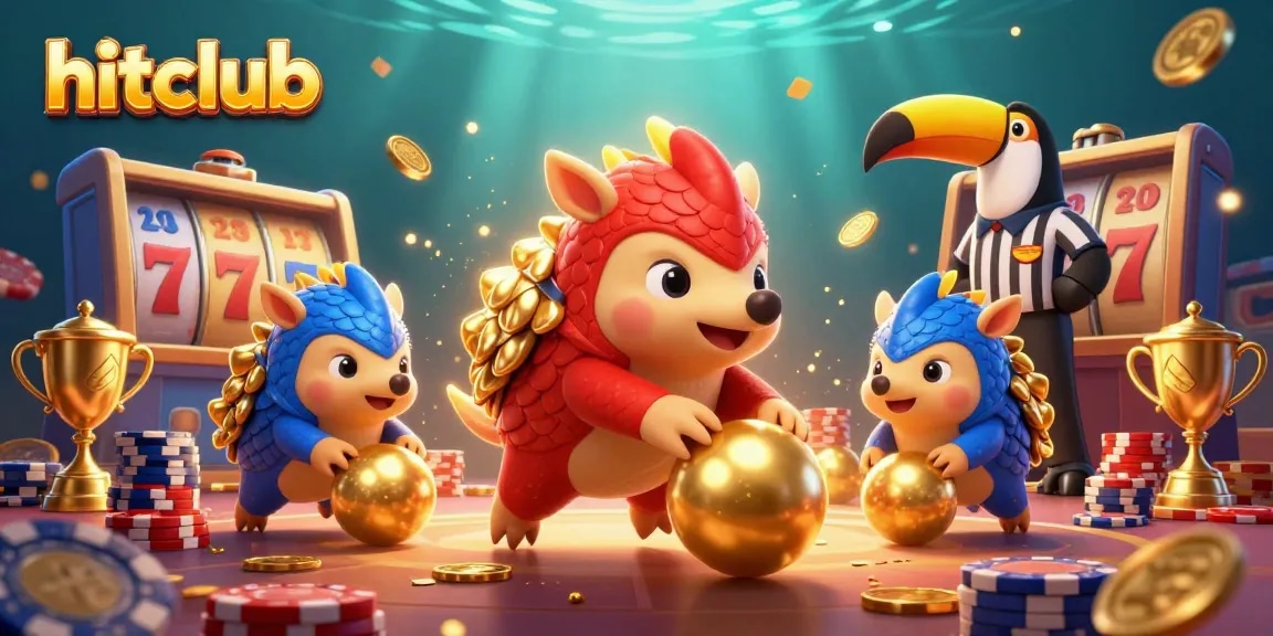 hitclub pangolins rolling golden balls through poker chips in a detailed casino scene