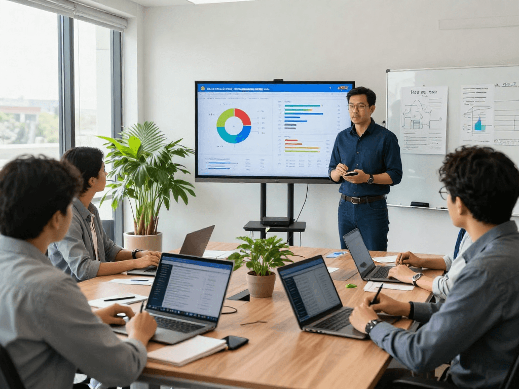 Engaging business meeting illustrating political programmatic advertising strategies and data analysis