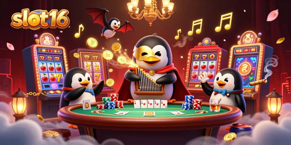 Slot16: Engage with vibrant slot reels and gleaming poker elements in this dynamic casino illustration.