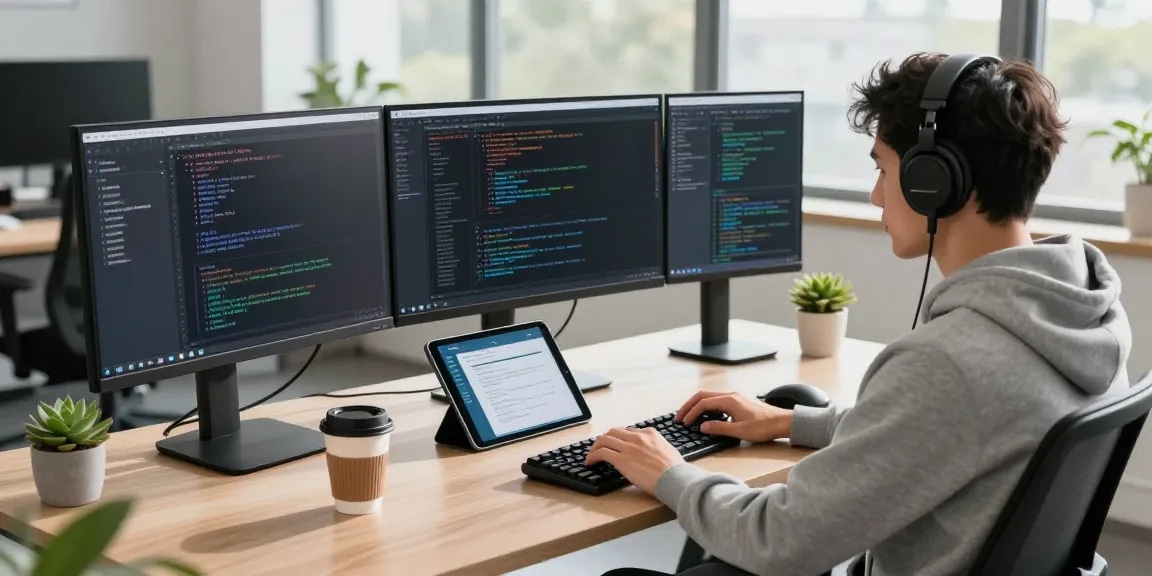 NAGA2000 software debugging scene in a modern tech office with multiple monitors and a focused engineer.