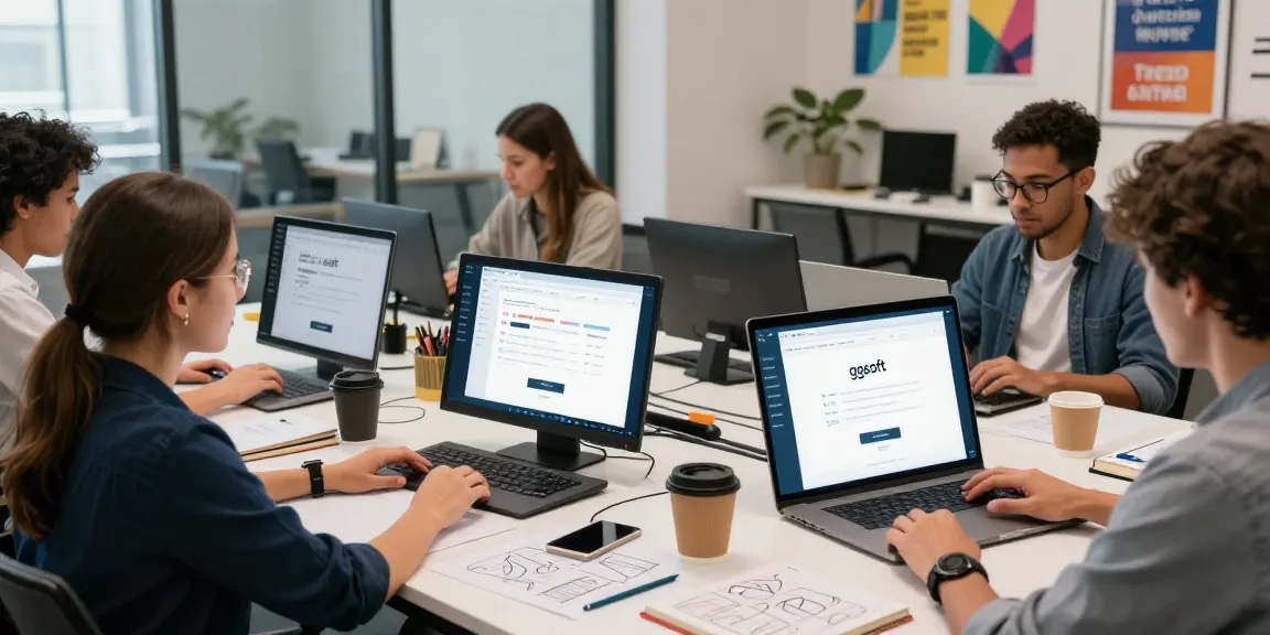 ggsoft login interface displayed on devices in a collaborative tech workspace
