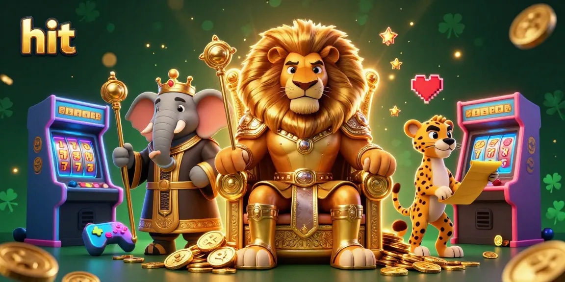 Experience hit gaming excitement with a lion king and friends in a vibrant casino scene of golden coins.