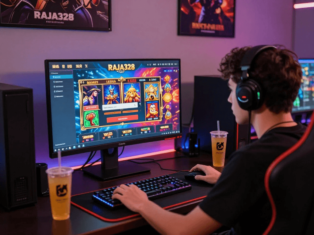 Engaging user accessing the raja328 link for online gaming, showcasing vibrant RAJA328 interface on screen.