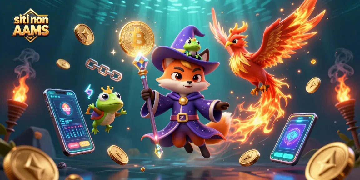 Giocare nei siti non AAMS con slot machine e monete digitali in un'illustrazione vibrante.