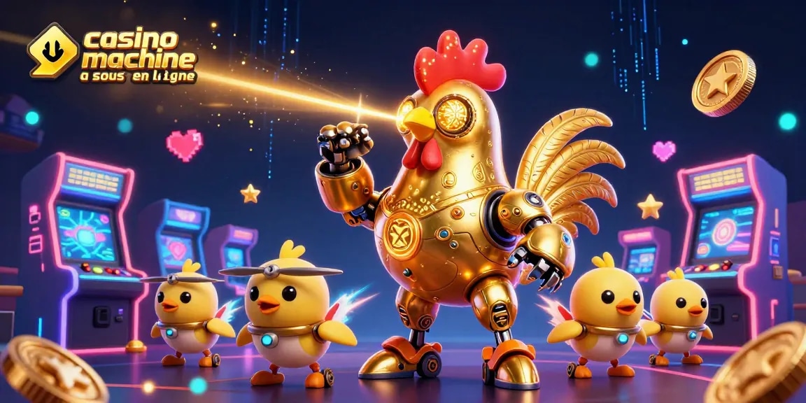 Gagnez en jouant à des machines à sous en ligne avec le robot poulet doré dans un univers vibrant.