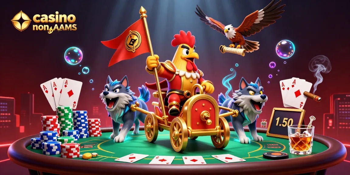 Scopri i casinò online non AAMS con il gallo guerriero che guida un carro dorato in un'atmosfera vivace e avvincente.