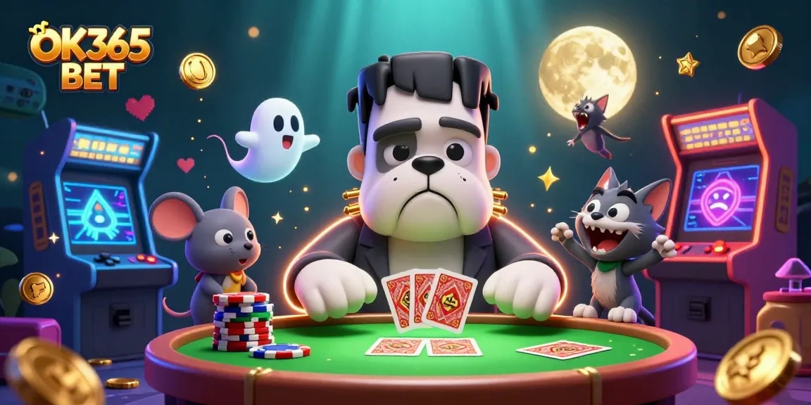 Engage with OK365 BET's thrilling casino atmosphere with a vibrant cartoon scene featuring characters and game elements.