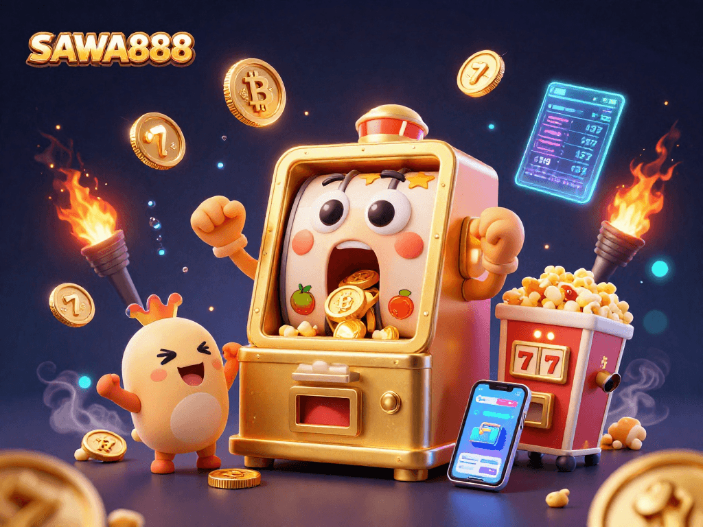 Catch the excitement at SAWA888 with our animated golden slot machine hitting jackpots and cheerful companions.