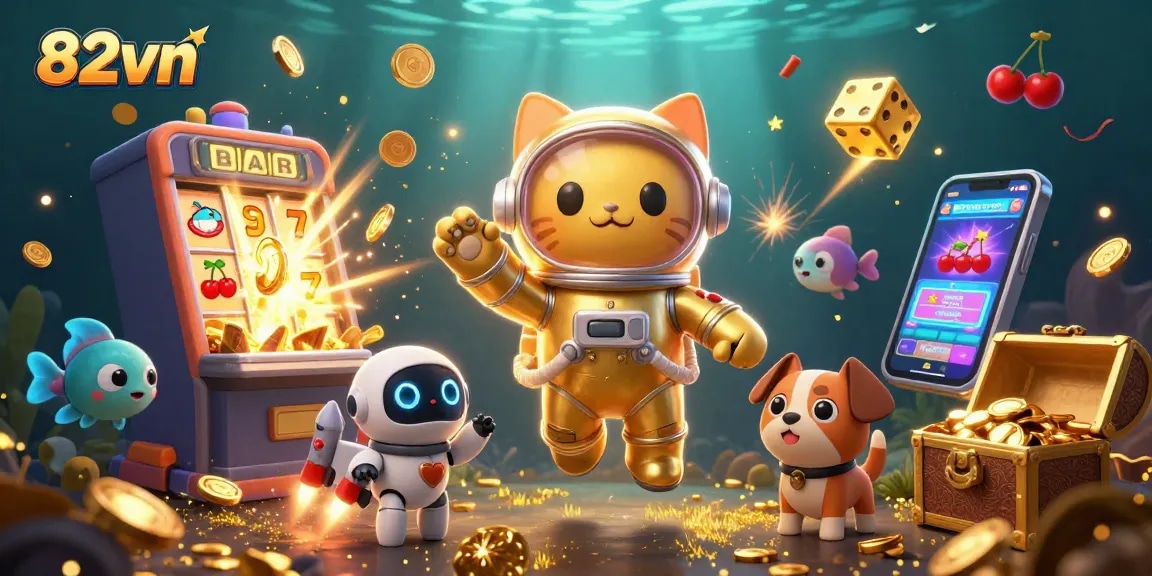 Engage with 82vn's thrilling casino experience via a dynamic illustration of an astronaut cat and robot dog amidst a jackpot.