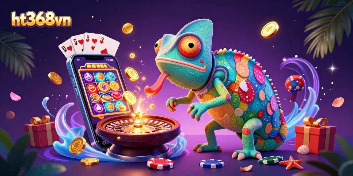 Experience vibrant gameplay at ht368vn with a chameleon casino owner amidst thrilling casino action.