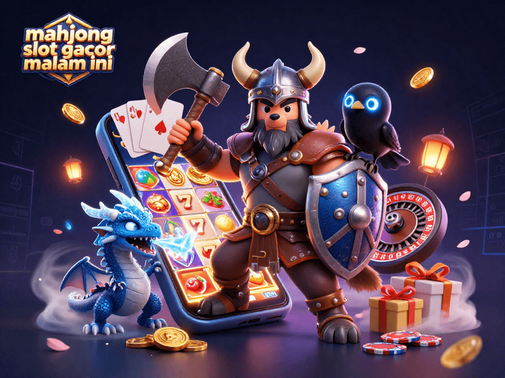 Engage with mahjong slot gacor malam ini through an epic 3D scene featuring a Viking wolf warrior, fierce dragon, and magical elements.