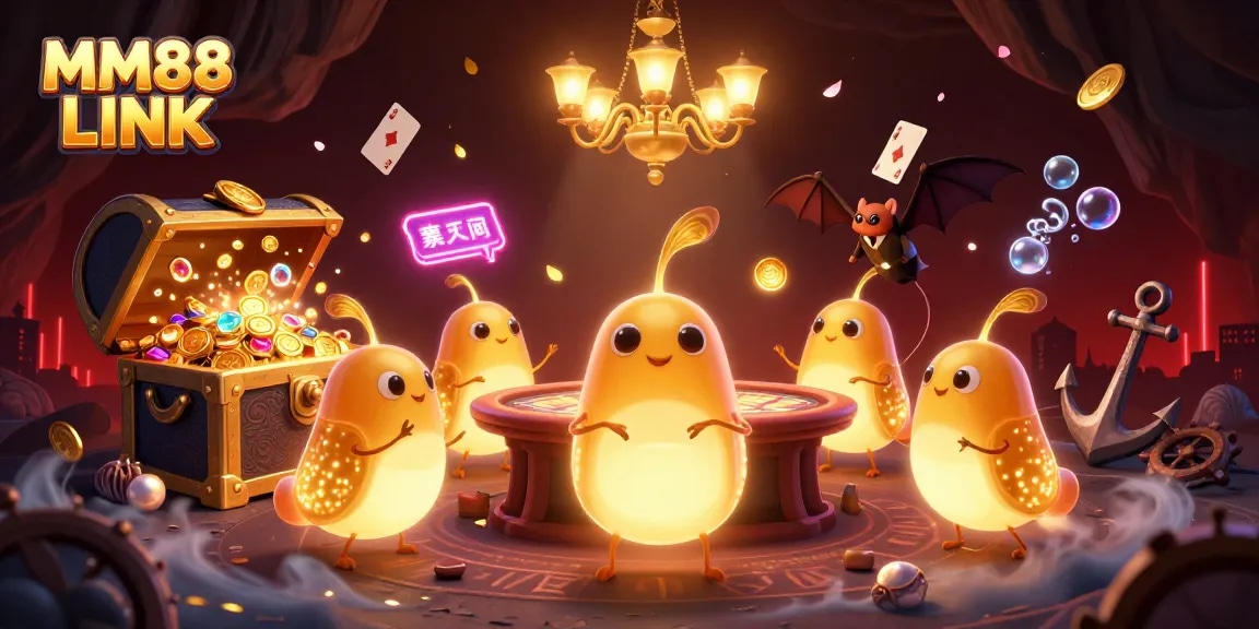 Experience excitement at MM88 LINK with glowworms lighting a vibrant casino scene amidst treasures.