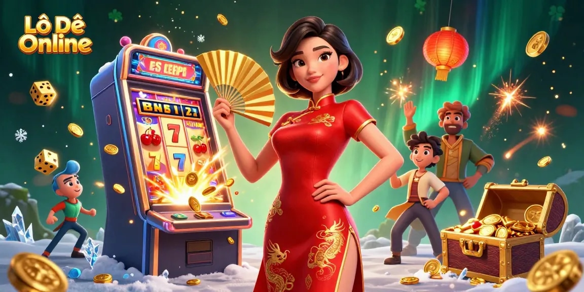 Experience Lô Đề Online with vibrant 3D illustration of a confident woman amidst gambling symbols.