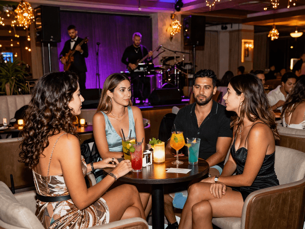 Antalya Ucuz Escort scene showcasing a vibrant nightlife atmosphere with friends enjoying cocktails in an upscale lounge.