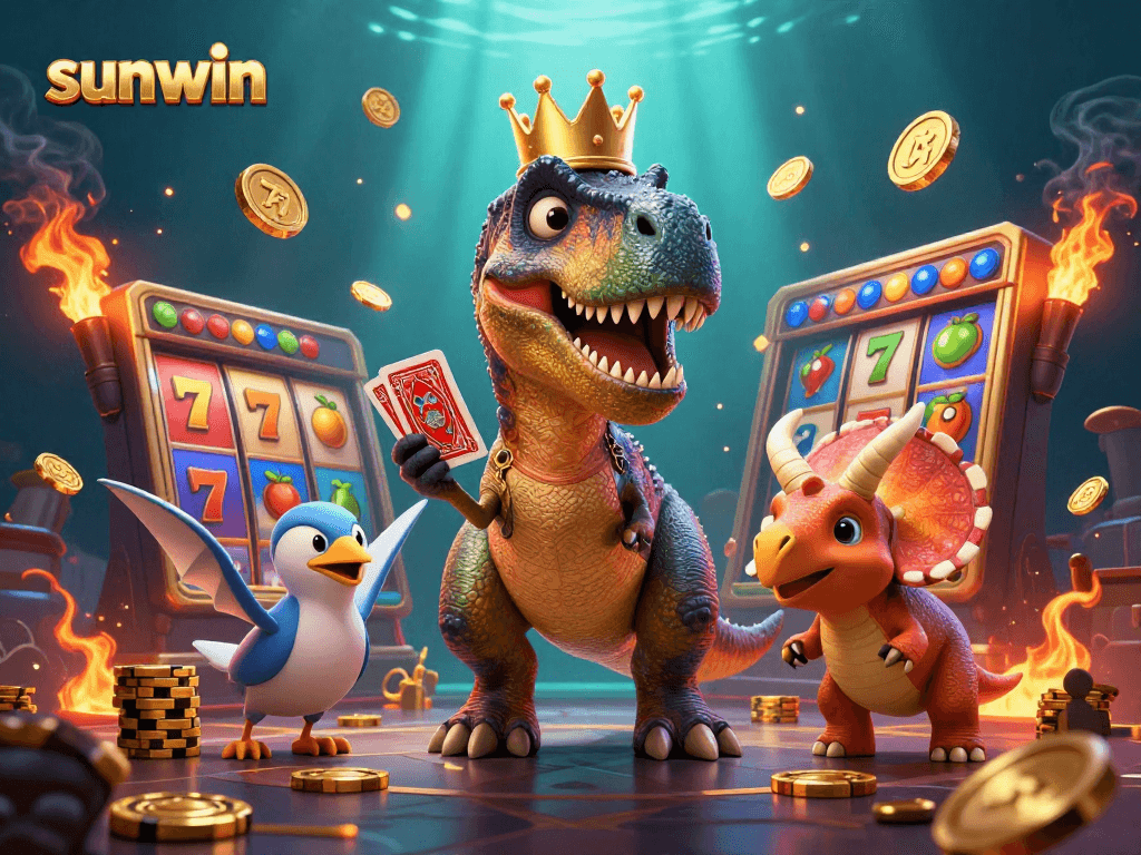 Experience the thrill of sunwin with a playful T-Rex card game scene filled with dazzling casino elements.
