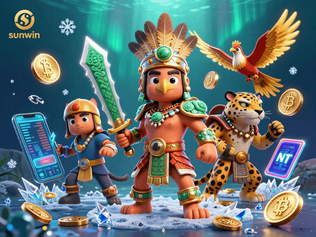 Engage with sunwin's thrilling casino environment featuring Aztec warriors and cryptocurrency elements.