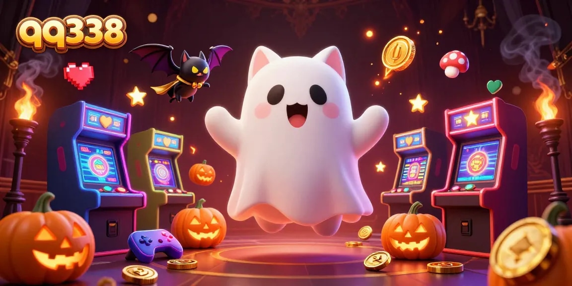 Experience thrilling gameplay with qq338, showcasing ghostly cat and vampire bat in a lively casino setting.