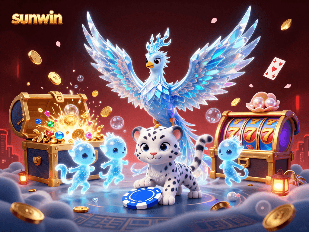 Experience sunwin gaming excitement with a vibrant 3D casino illustration of mythical creatures and gaming elements.