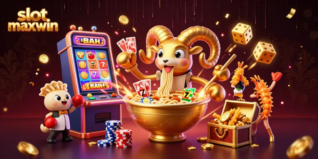 Engage with slot maxwin as a giant ramen bowl deals cards with energetic casino elements around it.