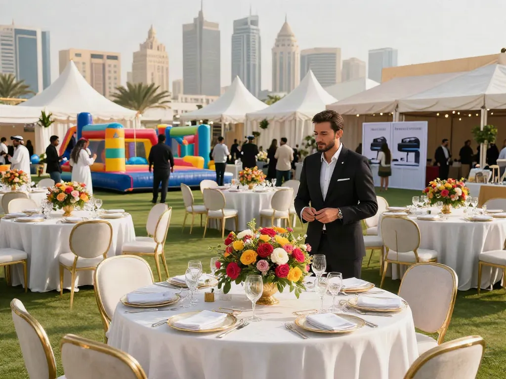 Event rentals showcased at a lively outdoor event in Riyadh with tents and decorations.
