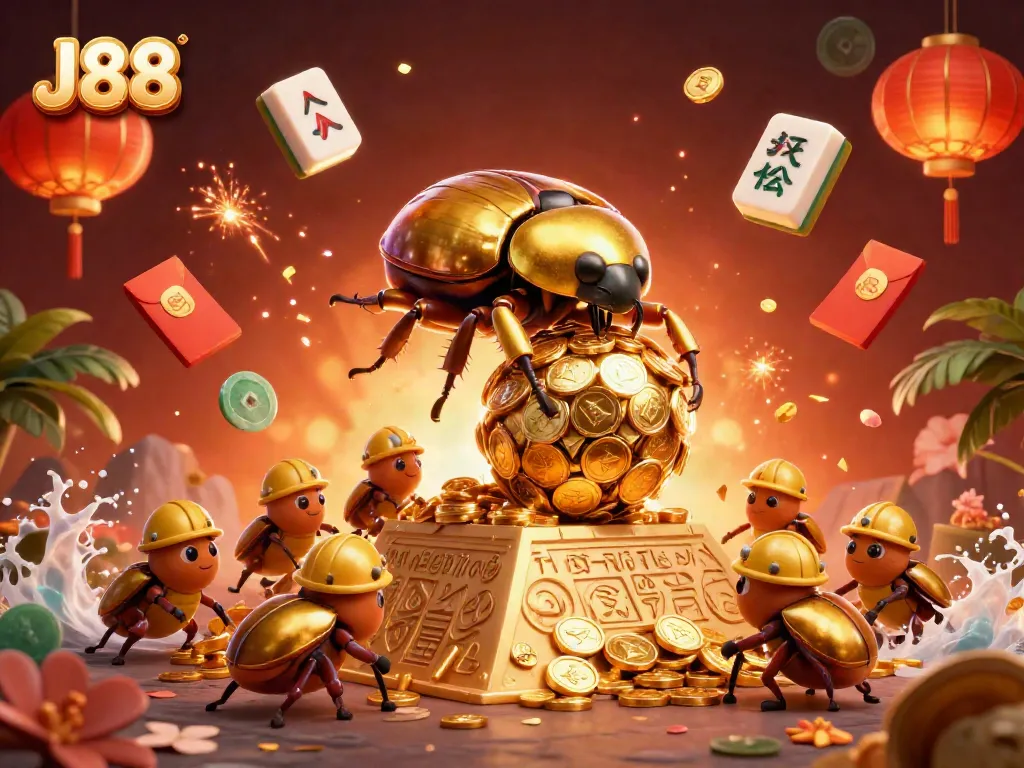 Engage with J88's vibrant casino scene featuring golden coins and festive elements.