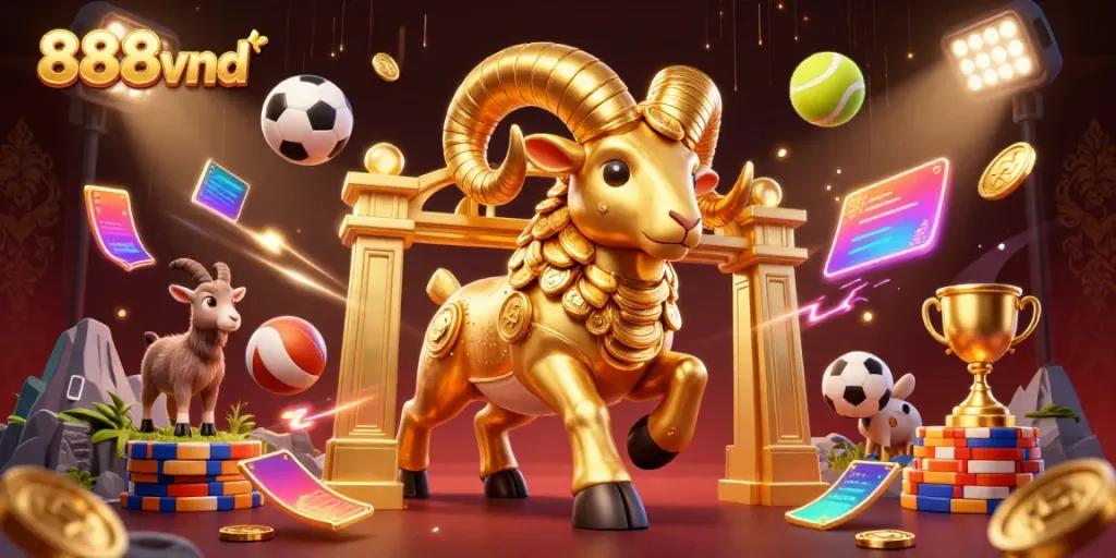 Experience thrilling wins at 888vnd with this dynamic 3D illustration featuring a golden ram charging through a golden gate.