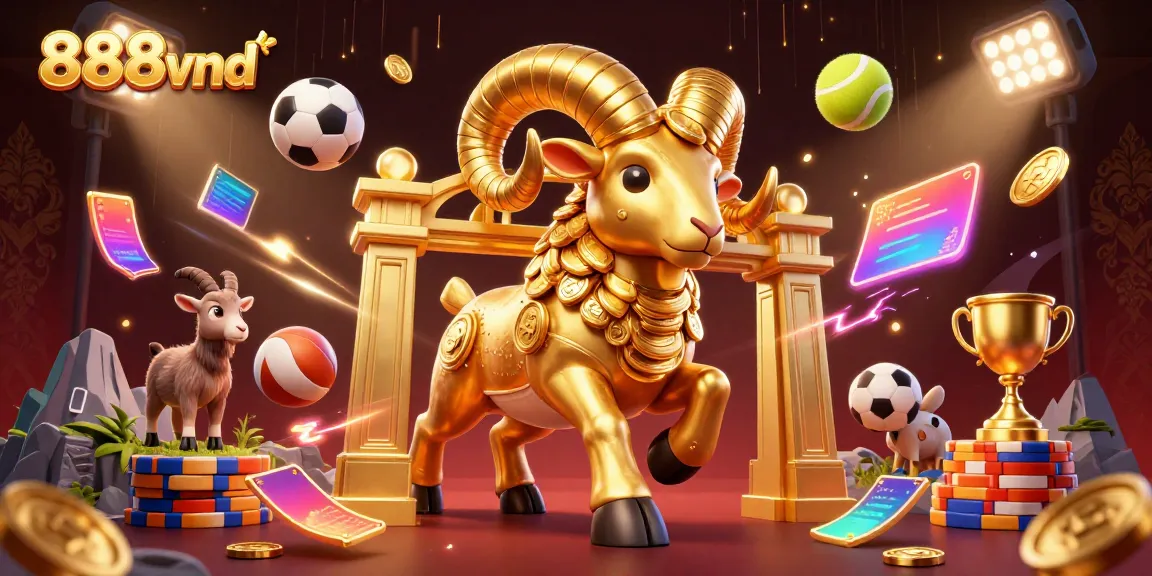 Experience thrilling wins at 888vnd with this dynamic 3D illustration featuring a golden ram charging through a golden gate.