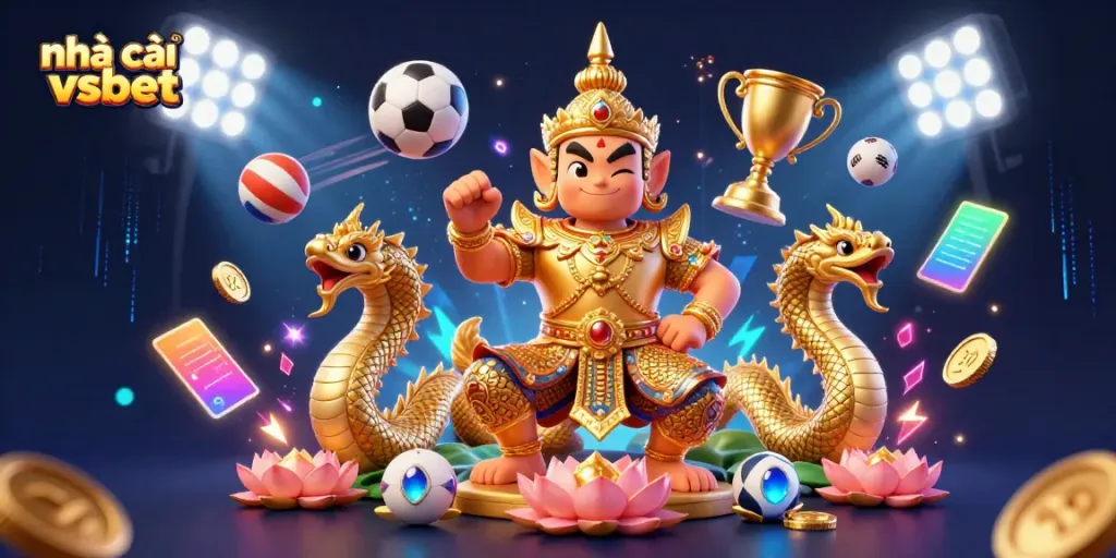 Visualize the betting action at nhà cái vsbet, featuring vibrant sports elements and engaging characters.