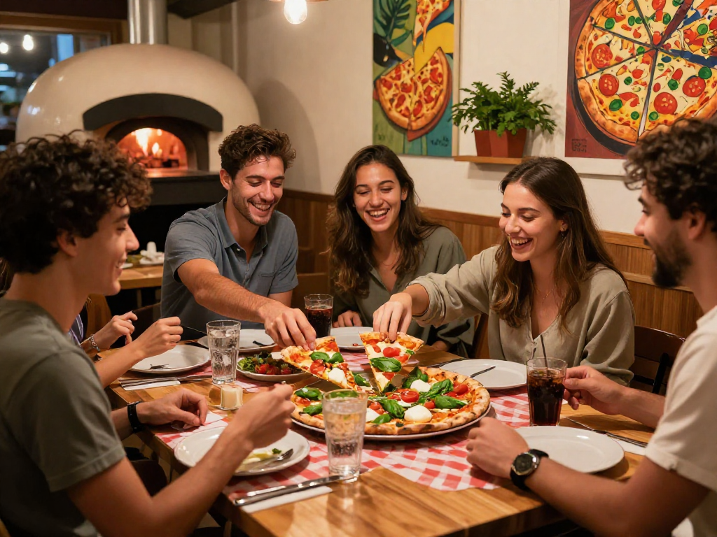 Group enjoying a pizza slot at a cozy family-friendly pizzeria