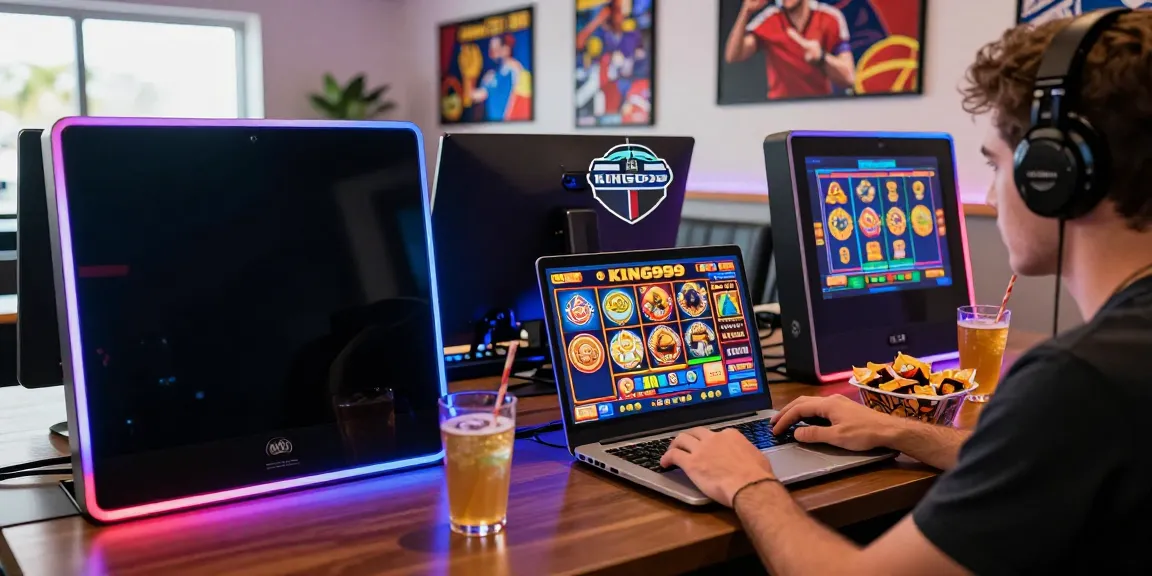 Exciting gaming moment with KING999 slot game on a sleek laptop in a vibrant room.
