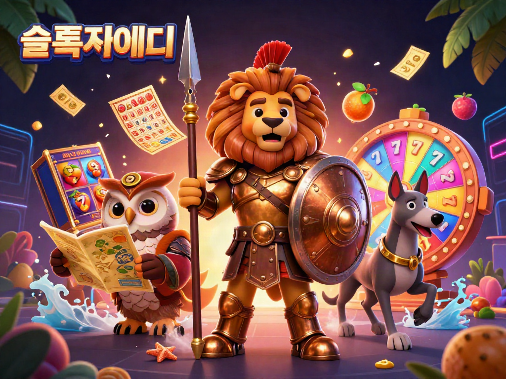 Experience the excitement of 슬롯사이트 with dynamic game elements, featuring a heroic Spartan lion and strategic owl.