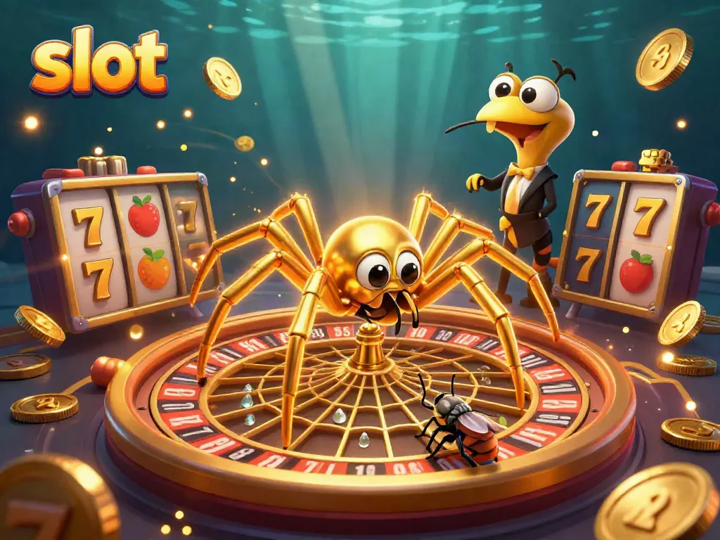 Slot yang menarik dengan laba-laba emas dan simbol jackpot dalam desainnya.