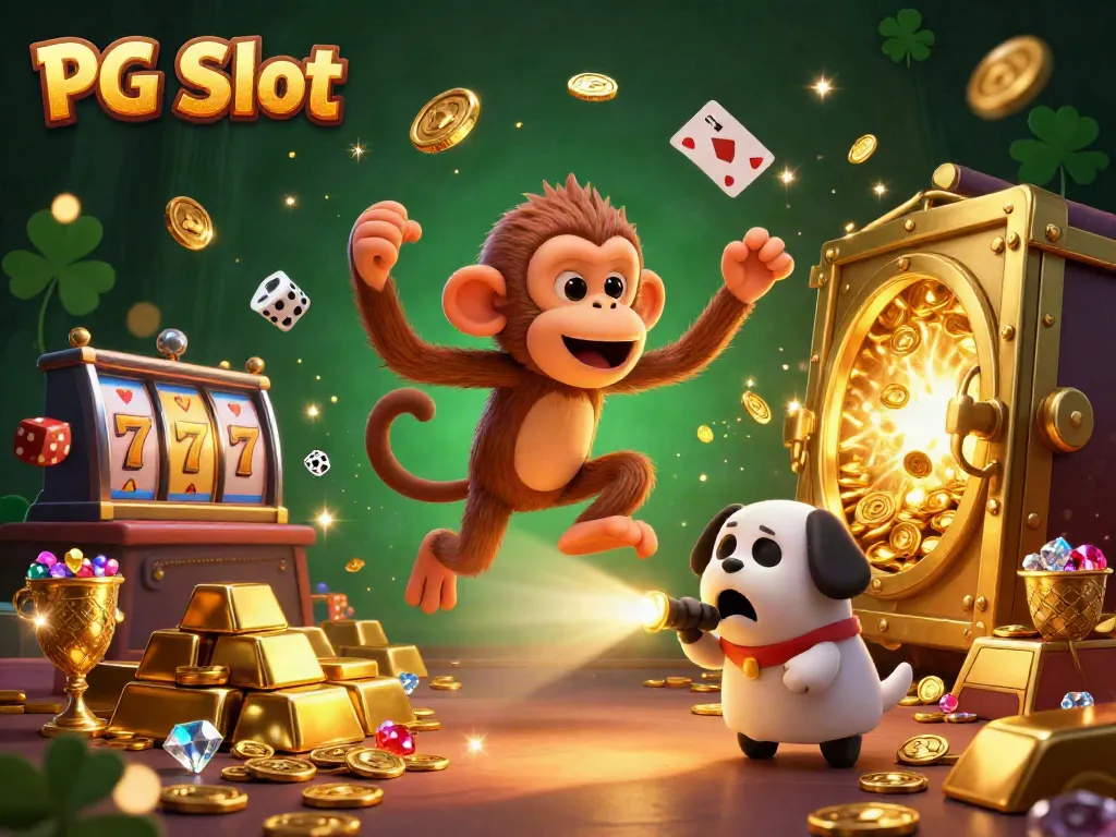 Experience thrilling PG Slot action as a mischievous ghost monkey juggles treasures in a haunted casino.