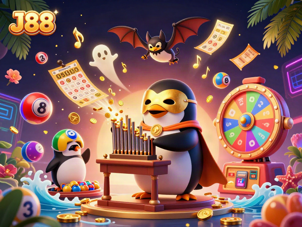 Experience vibrant gaming excitement with J88's whimsical 3D casino scene of animated characters.