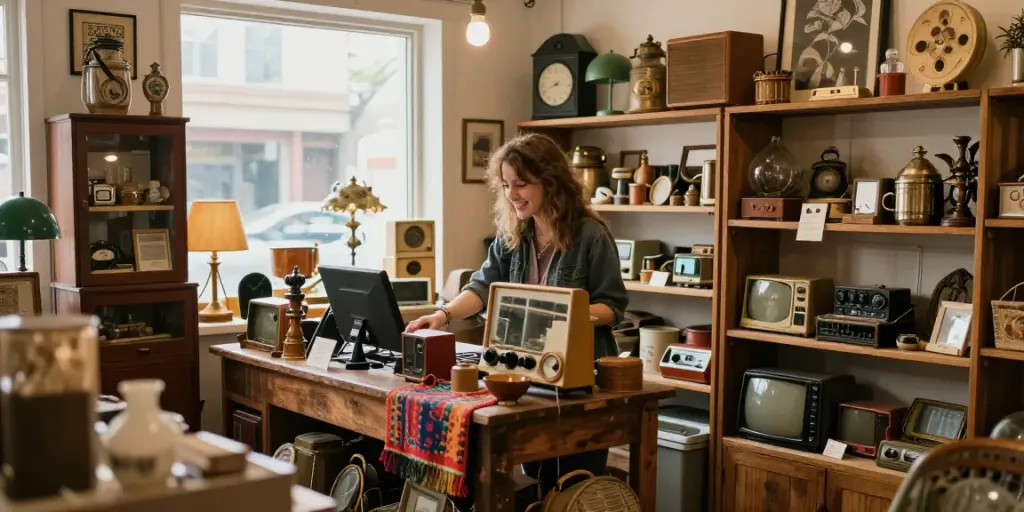 Explore unique second-hand treasures at https://homegraden.net in a vintage shop filled with nostalgic collectibles and antiques.