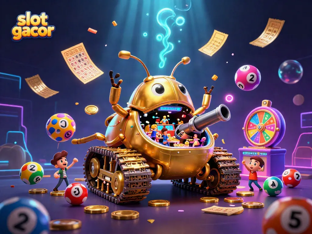 Engage with slot gacor gaming featuring a vibrant golden beetle tank and dynamic casino elements.