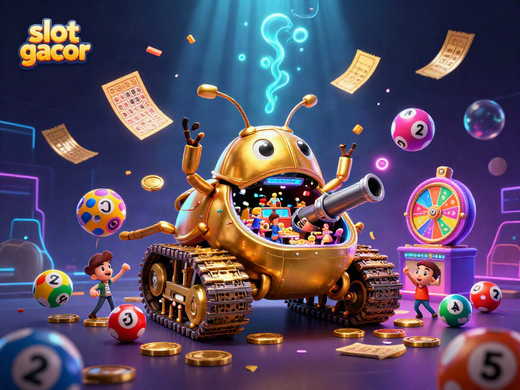 Engage with slot gacor gaming featuring a vibrant golden beetle tank and dynamic casino elements.