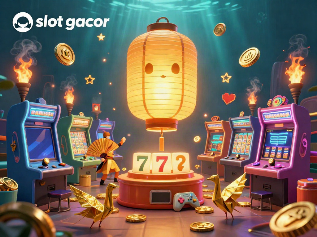 Permainan slot gacor dengan roh lentera emas dan mesin slot bertaburan di kasino yang meriah.