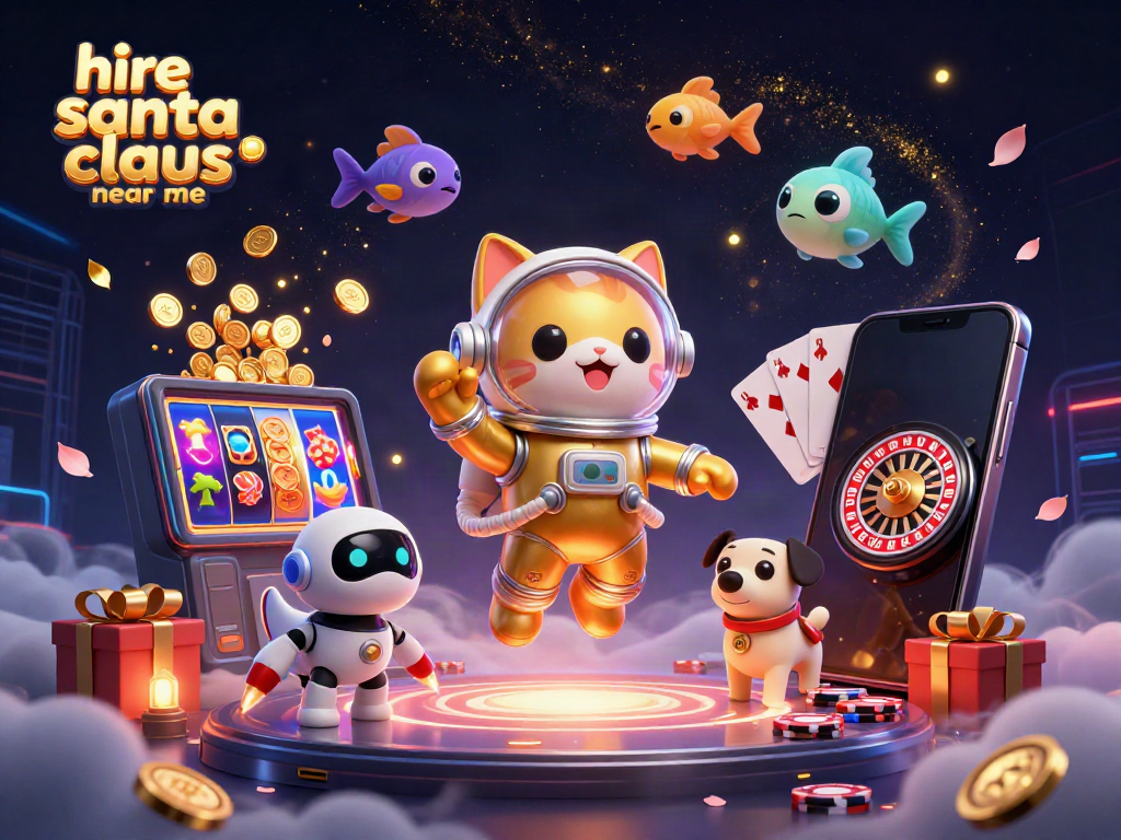 Engage with a vibrant scene portraying a space cat and robot dog celebrating holiday fun with "hire santa claus near me" as part of a festive casino layout.