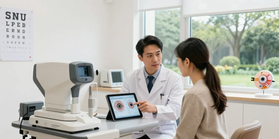 Patient discussing Хараазасахмэсзасал with ophthalmologist in modern eye care clinic, highlighting advanced vision correction solutions.