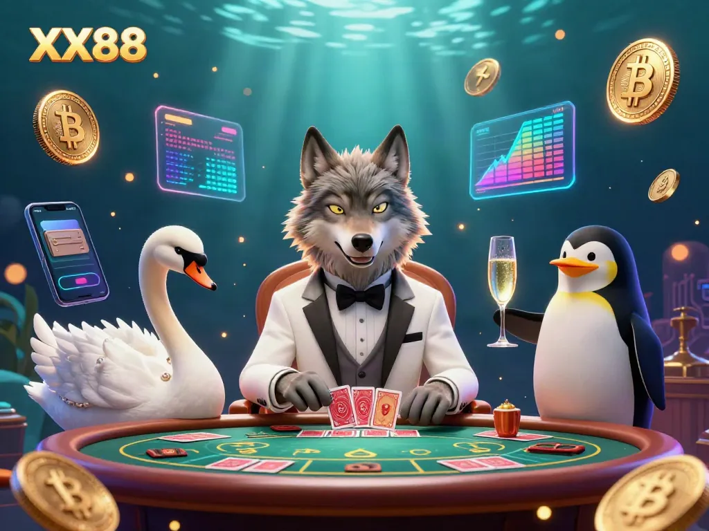 Engage with XX88 at a lavish baccarat table alongside a wolf, swan, and penguin in this dynamic casino scene.
