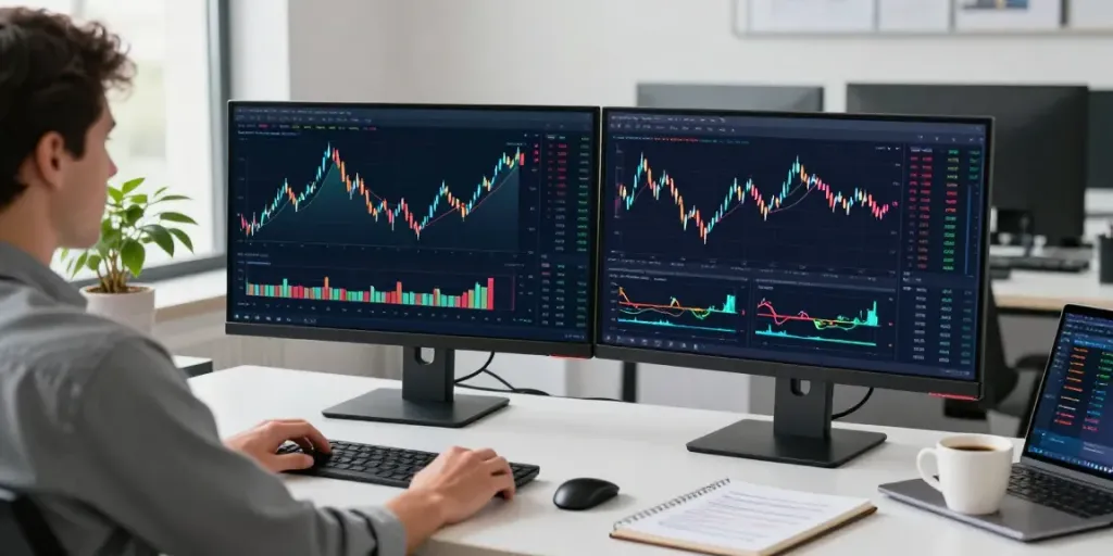 Trader using MetaTrader 5 on dual monitors with financial charts in a modern office setting.