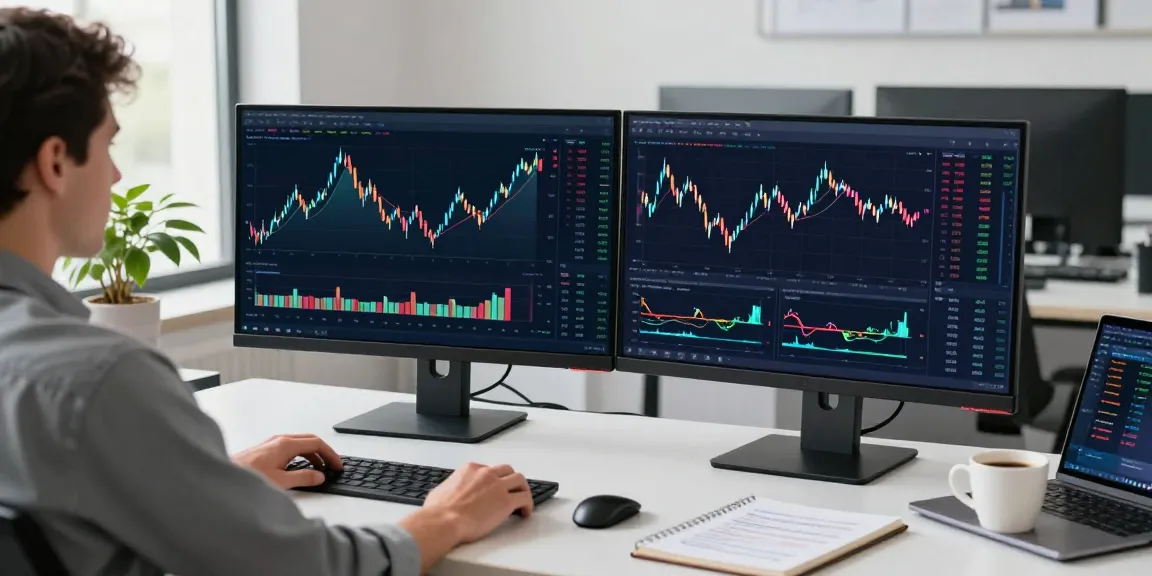 Trader using MetaTrader 5 on dual monitors with financial charts in a modern office setting.