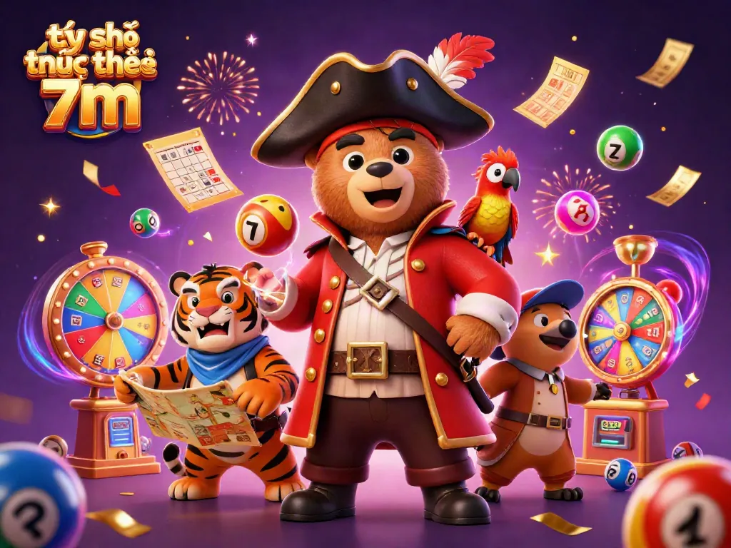 Engage with the excitement of tỷ số trực tuyến 7m illustrated in a vibrant 3D scene featuring a pirate bear and friends among lottery elements.